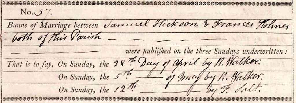 Samuel Hickson Frances Holmes Marriage 1816