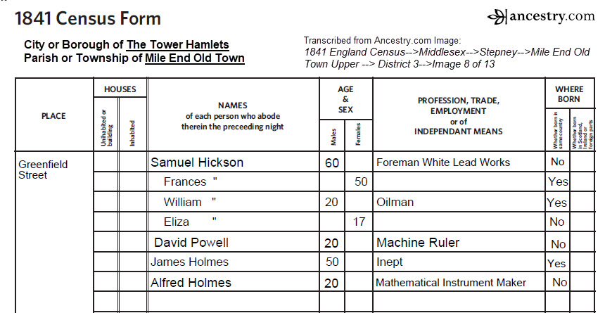 1841 Census for Samuel Hickson Household